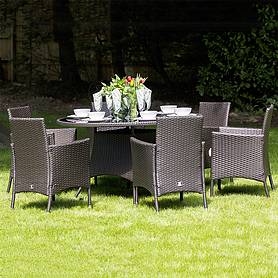 Katie Blake Garden Rattan 6 Seater Round Dining Set with Cushions and Glass Table Top Taupe Brown